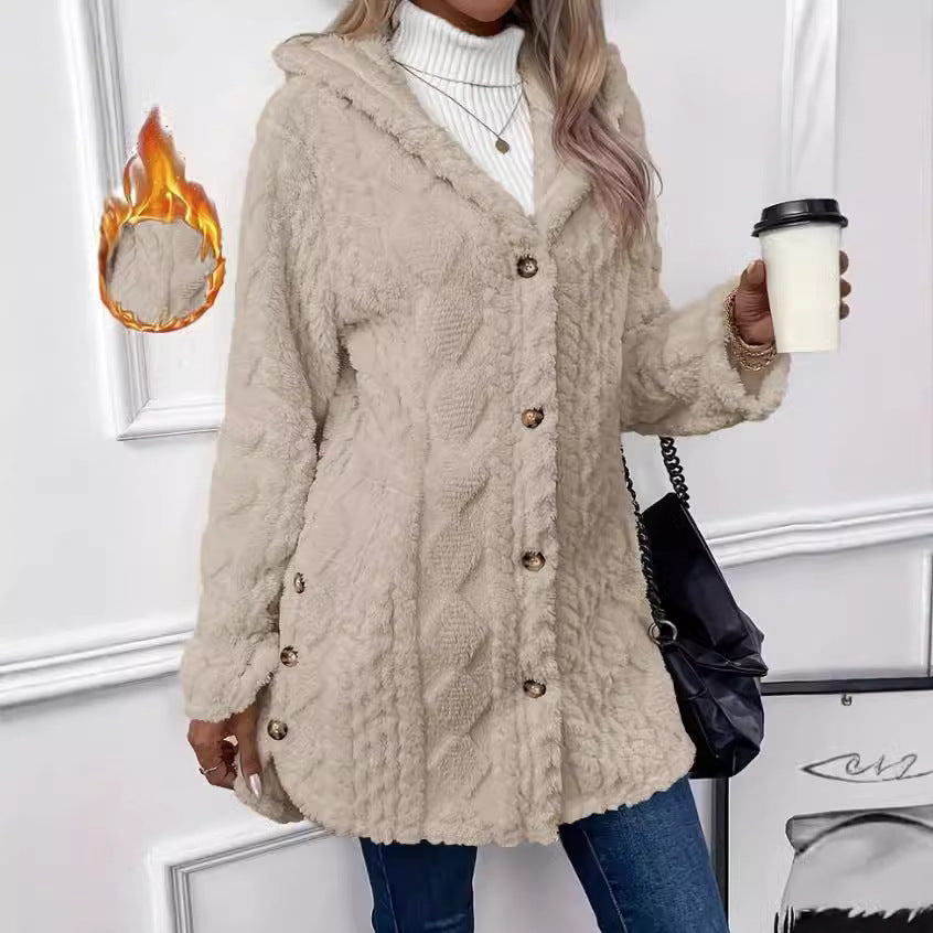 Women's Hooded Fleece Button Up Cardigan Jacket