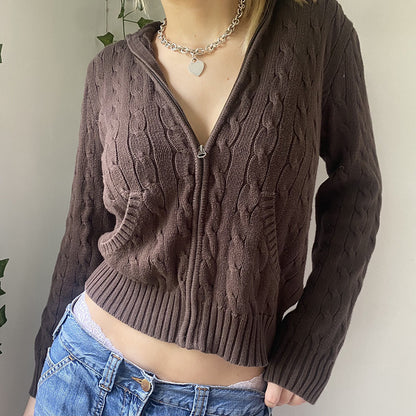 Women's Cropped Zip-Up Hooded Knit Cardigan with Pockets