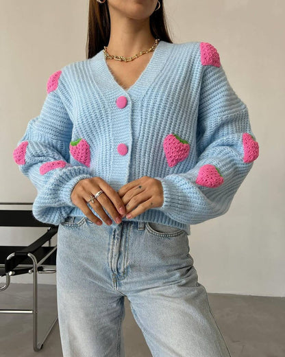 Oversized Chunky Knit Strawberry Cardigan Sweater