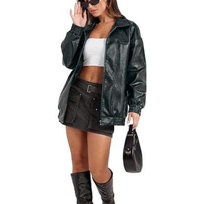 Women's Oversized Faux Leather Jacket Zip Up Collared