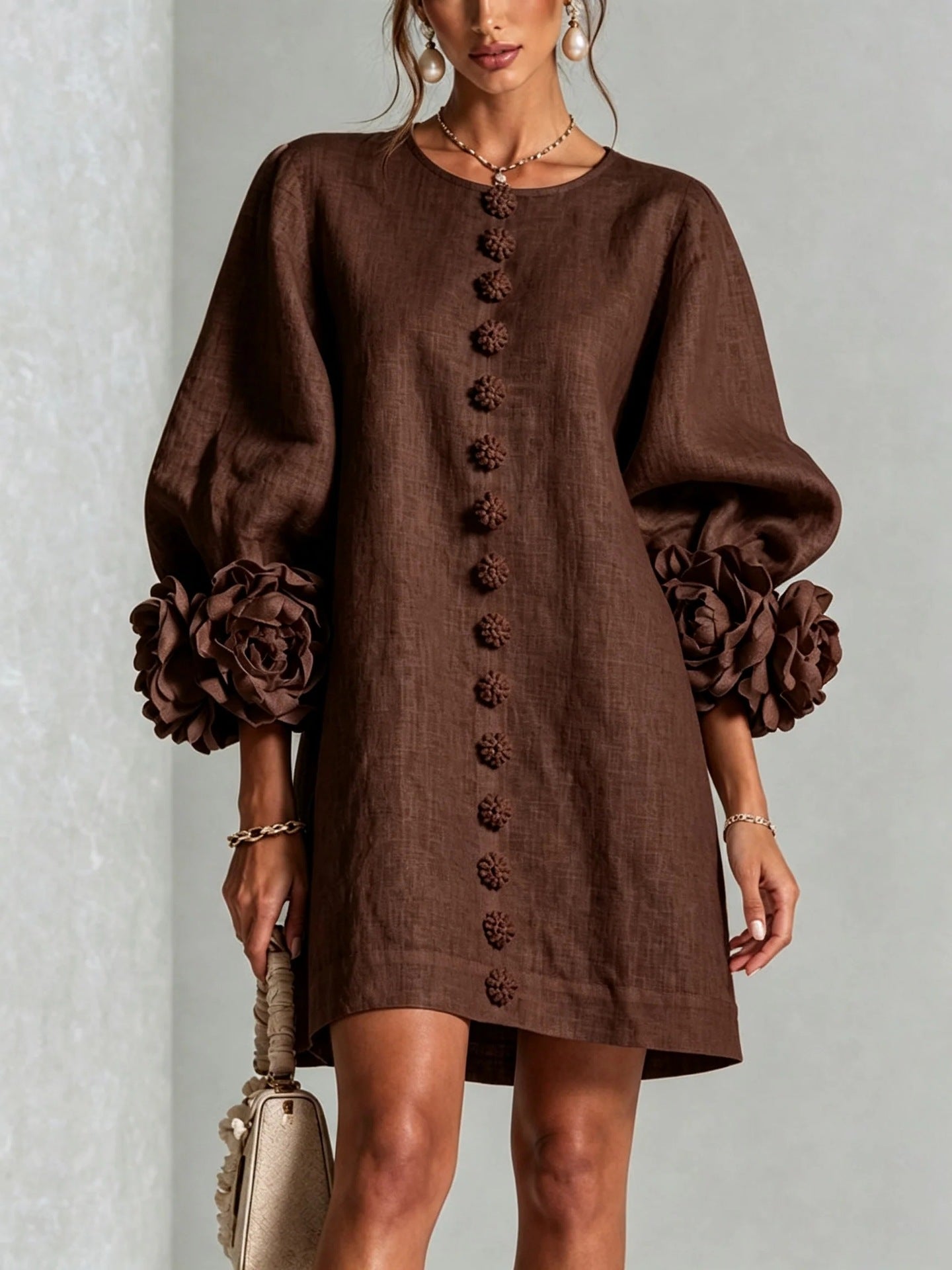 3D Floral Lantern Sleeve Mini Shift Dress