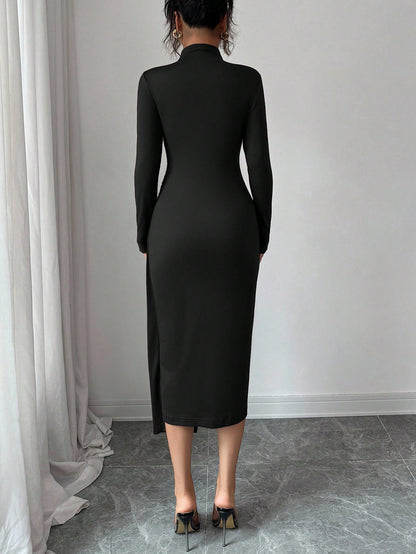 Mock Neck Ruched Bodycon Midi Dress with Gold Detail