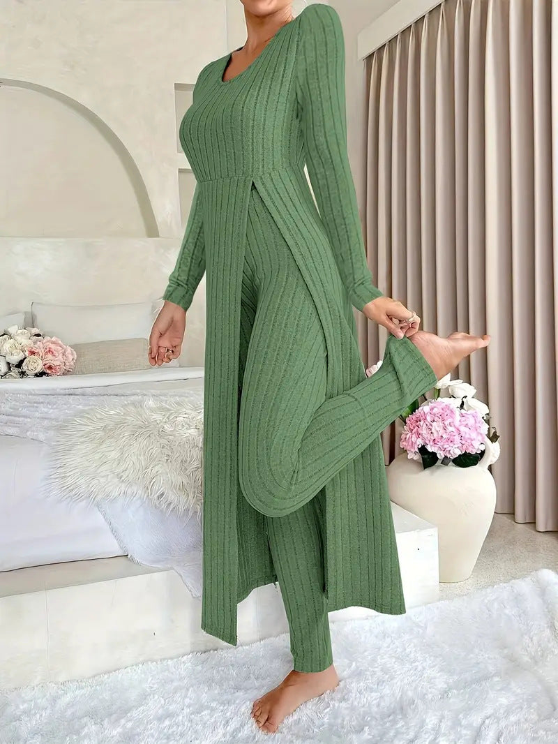 Ribbed Knit Side Slit Long Sleeve Pants Two Piece Set