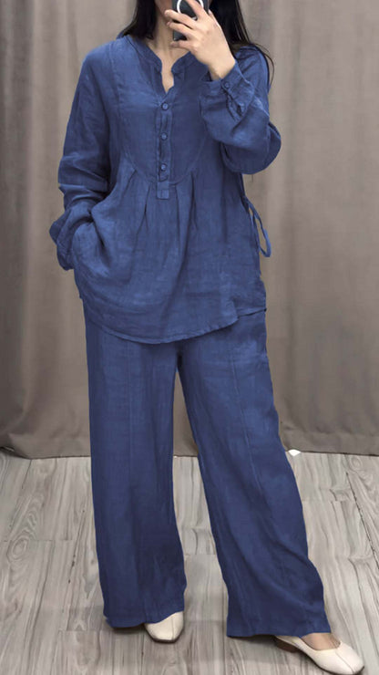 Women's Linen Matching Set Wide Leg Pants Button Up