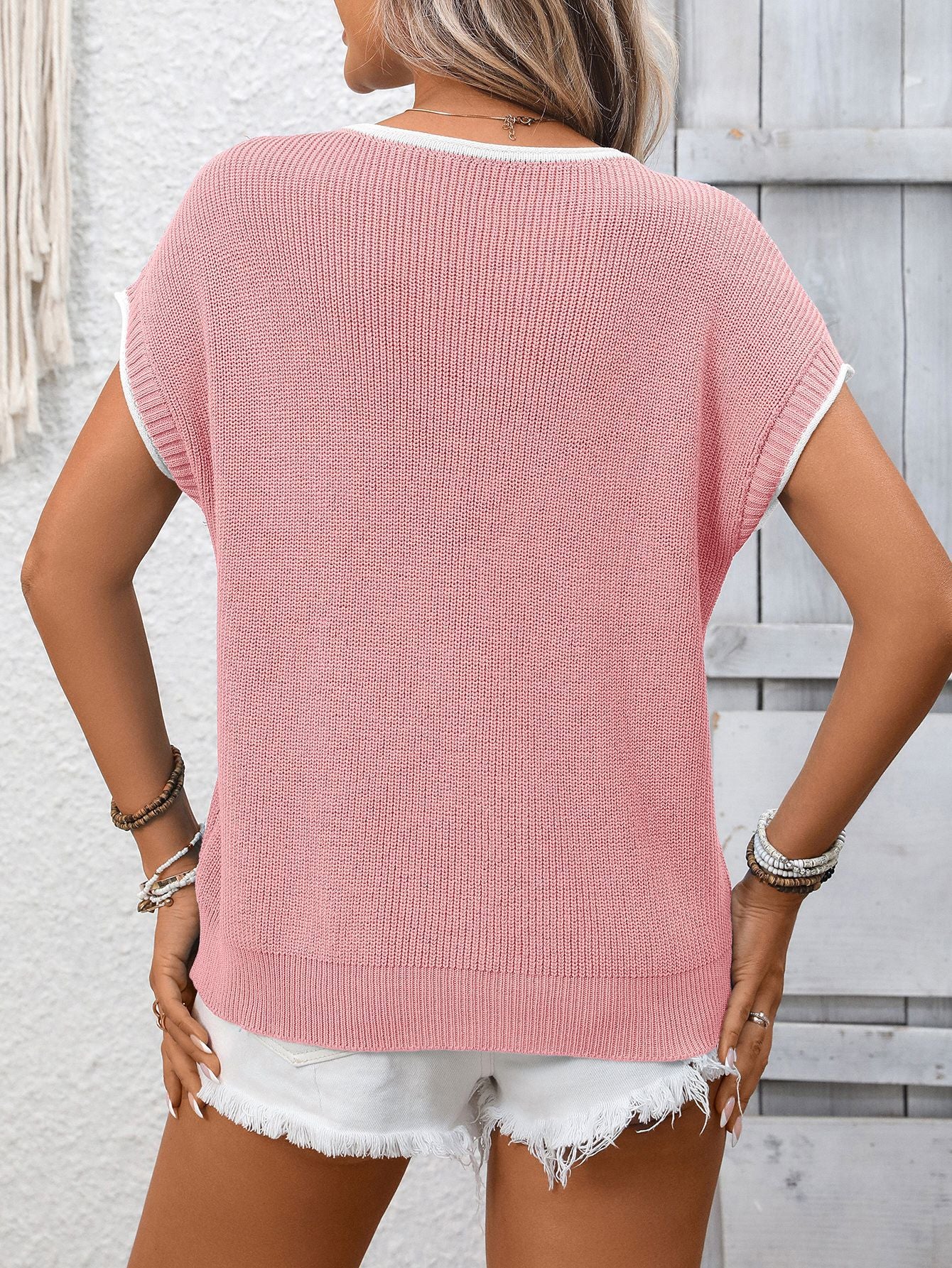 Contrast Trim Knit Top Short Sleeve Casual Sweater