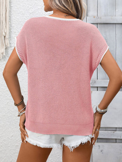 Contrast Trim Knit Top Short Sleeve Casual Sweater