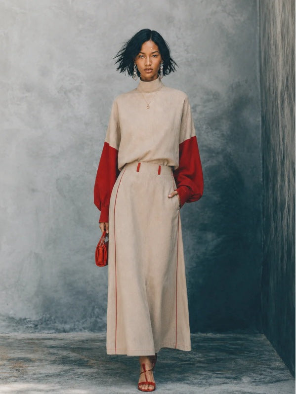 Women's Colorblock Balloon Sleeve Top & Maxi Skirt Set