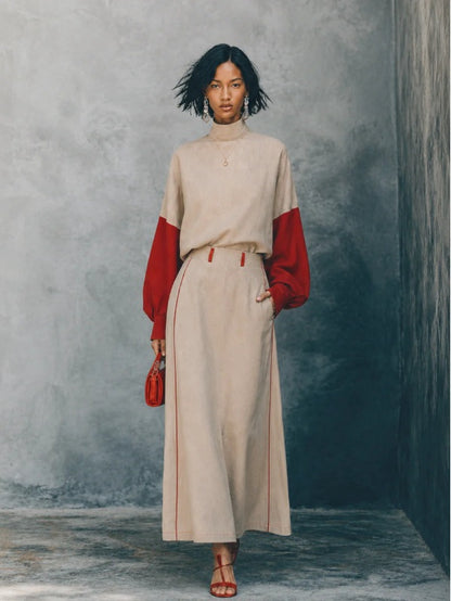 Women's Colorblock Balloon Sleeve Top & Maxi Skirt Set