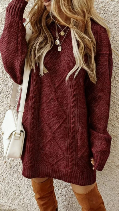 Oversized Chunky Cable Knit Sweater Dress Crew Neck
