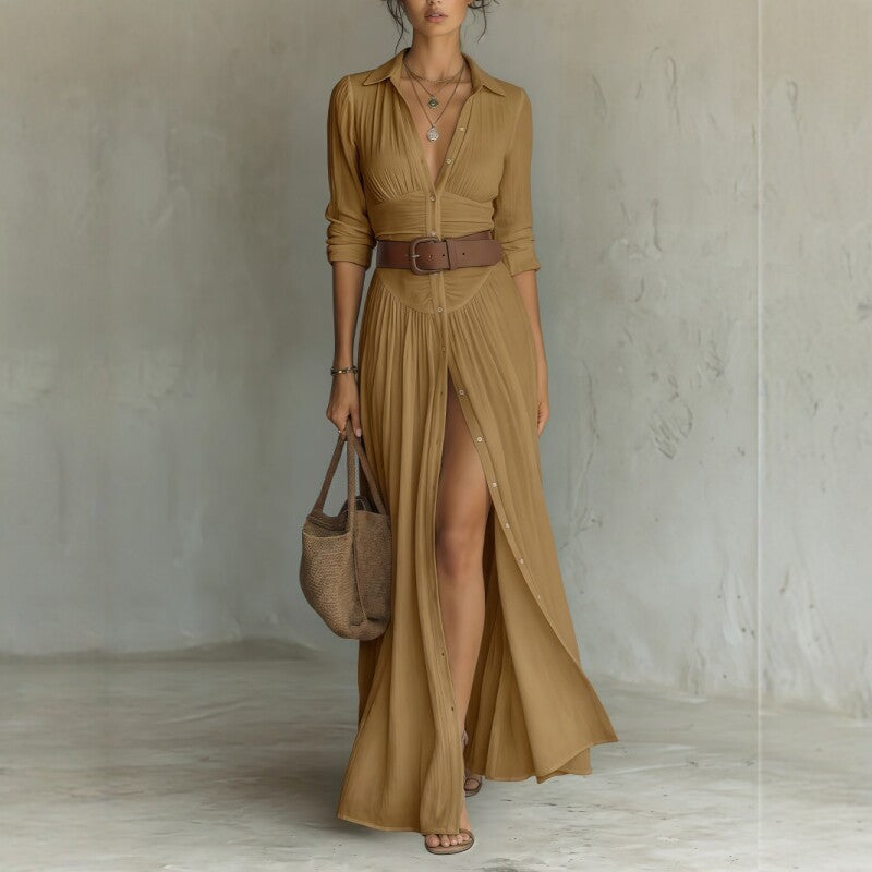 Belted Pleated Shirt Dress Front Slit Maxi Dress