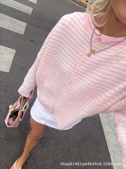 Women's Striped Cardigan Button Front Loose Knit Sweater