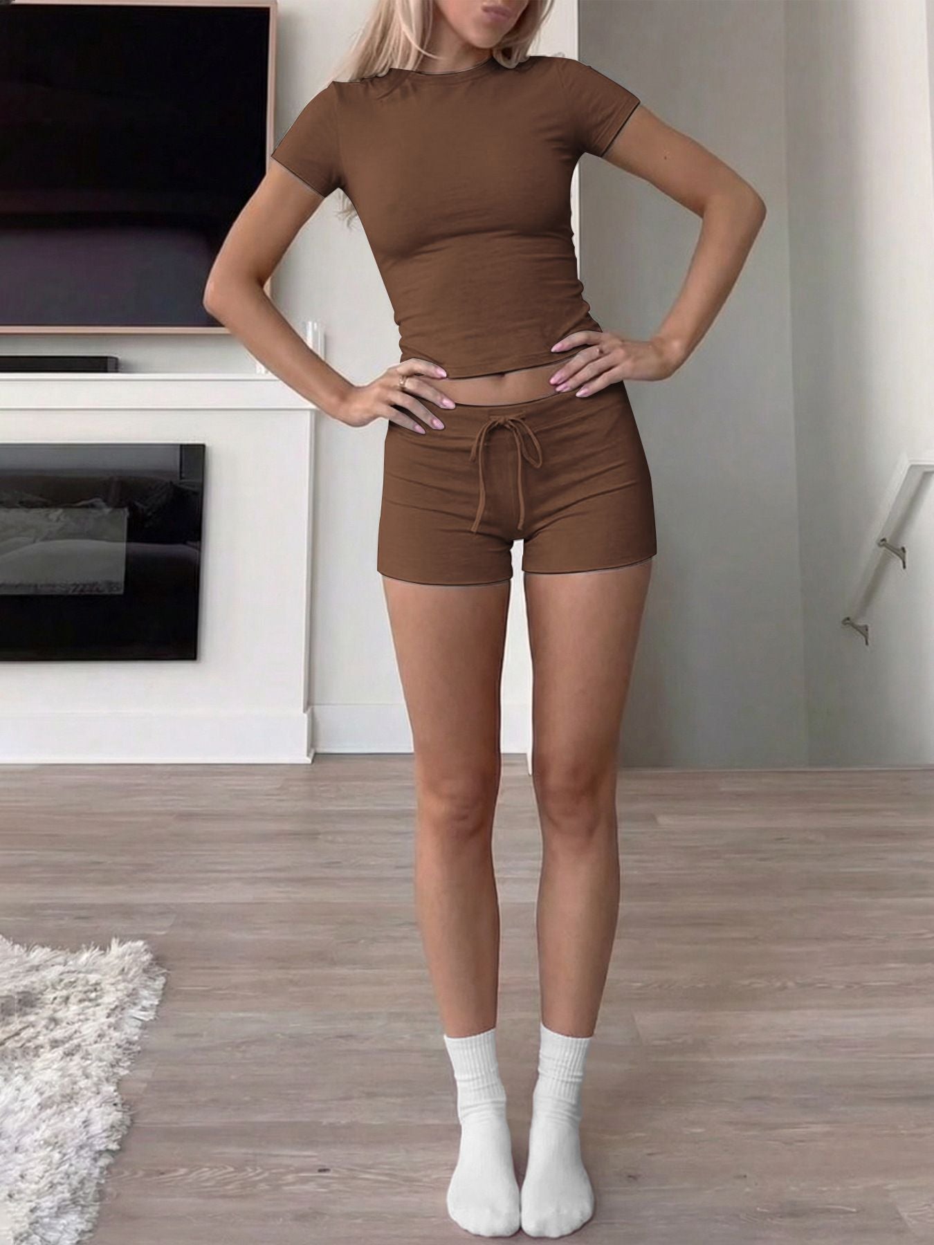 Solid Spandex T-Shirt & Shorts Set Casual Teen Summer Outfit