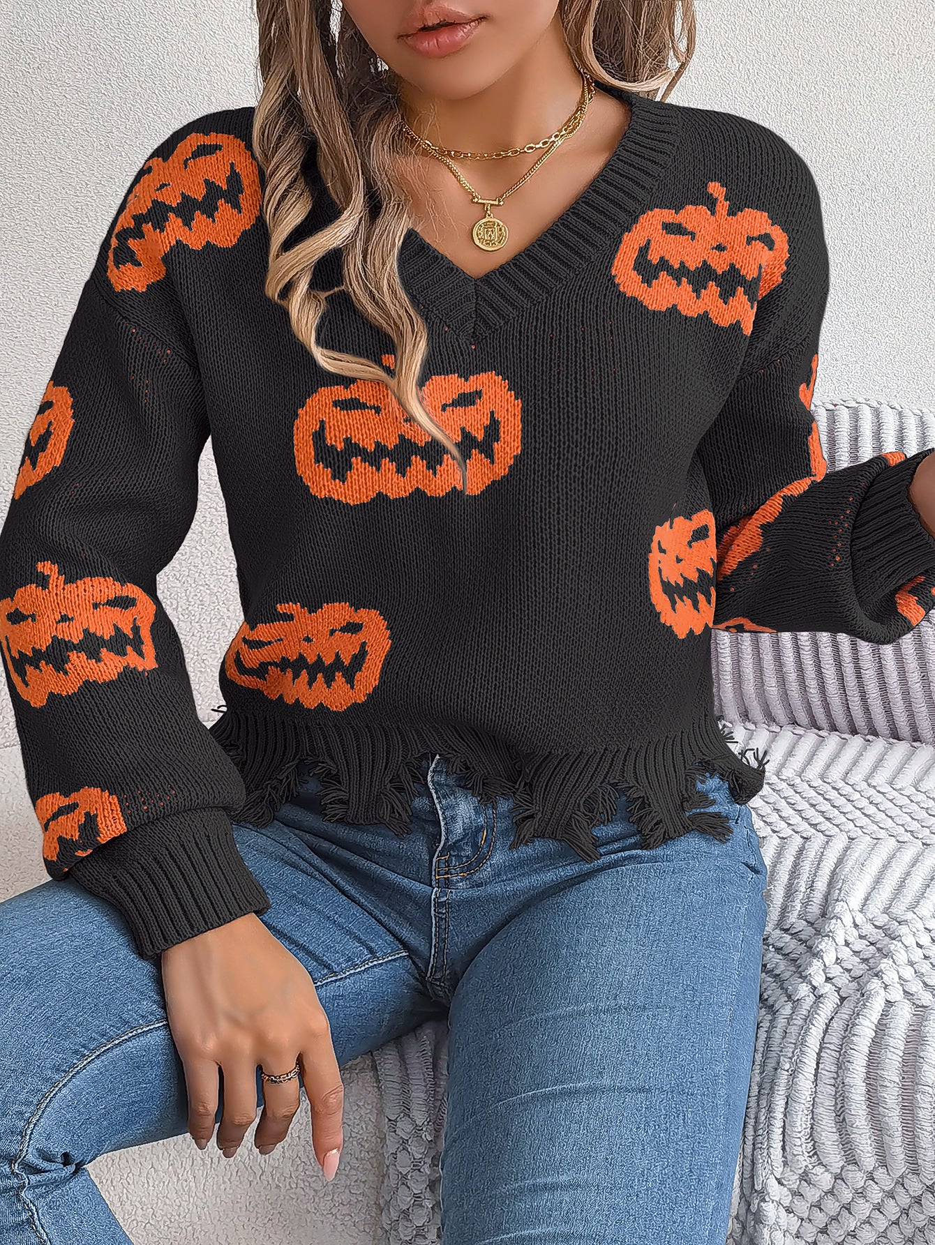 Halloween Pumpkin Knit Sweater with Frayed Hem