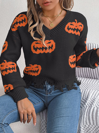 Halloween Pumpkin Knit Sweater with Frayed Hem