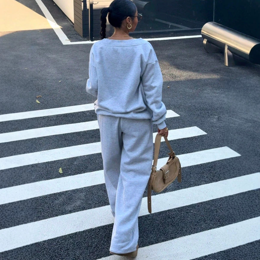 V Neck Graphic Sweatshirt Wide Leg Sweatpants Set
