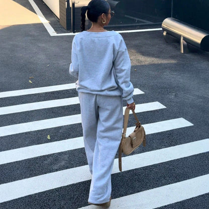 V Neck Graphic Sweatshirt Wide Leg Sweatpants Set