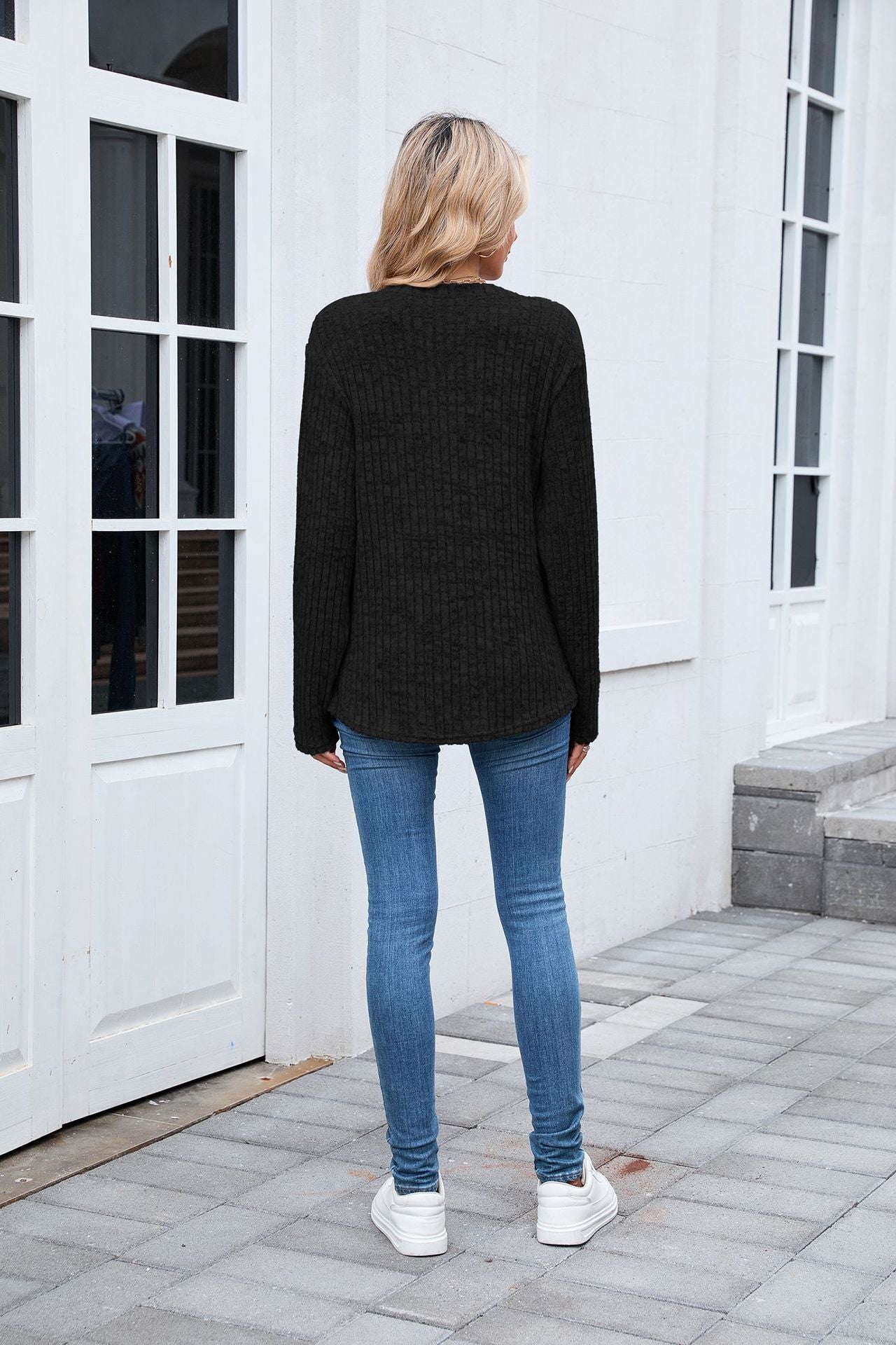 Women's Waffle Knit V Neck Button Long Sleeve Oversized Top