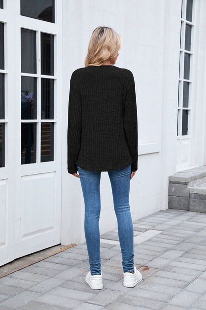 Women's Waffle Knit V Neck Button Long Sleeve Oversized Top