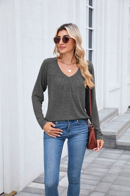 Women's Ruched V Neck Long Sleeve Loose Tunic Top