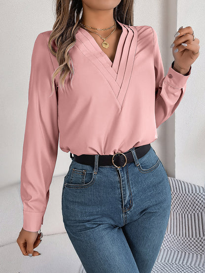 Elegant Layered V-Neck Long Sleeve Blouse – 2025 Fall/Winter