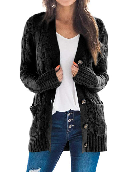 Womens Chunky Cable Knit Button Cardigan Sweater Pockets