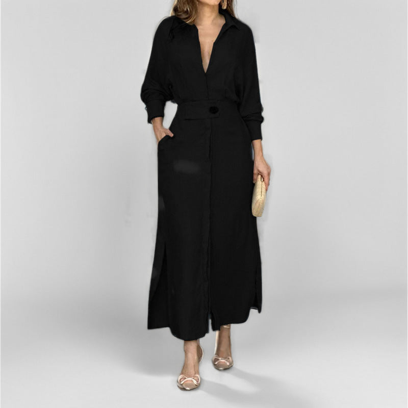 Women's Belted Long Sleeve Maxi Shirt Dress V-Neck