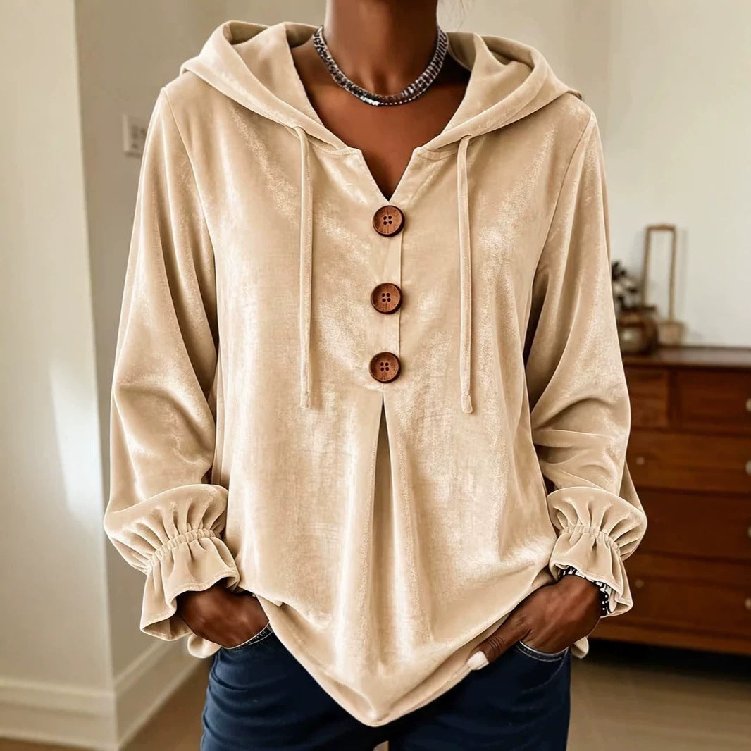 Velvet Button Front Hoodie V Neck Drawstring Ruffle Sleeve