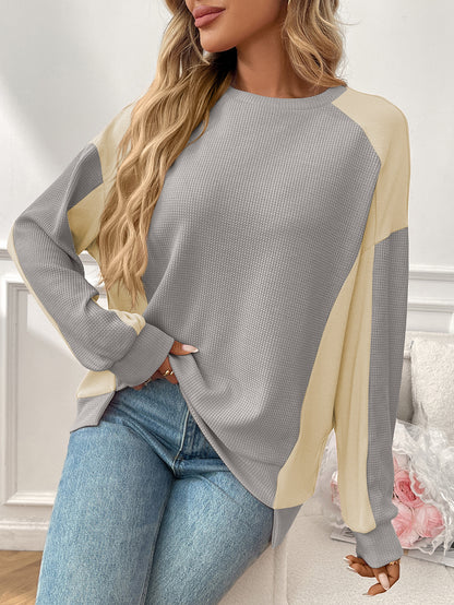 Color Block Waffle Knit Long Sleeve Pullover Top