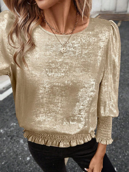 Metallic Smocked Hem Blouse Puff Sleeve Party Top