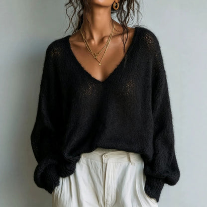 Women's Oversized V-Neck Open Knit Sweater