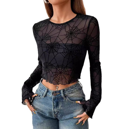Spider Web Mesh Bell Sleeve Sheer Goth Crop Top