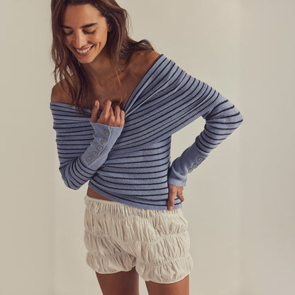 Off Shoulder Striped Long Sleeve Fitted Knit Sweater