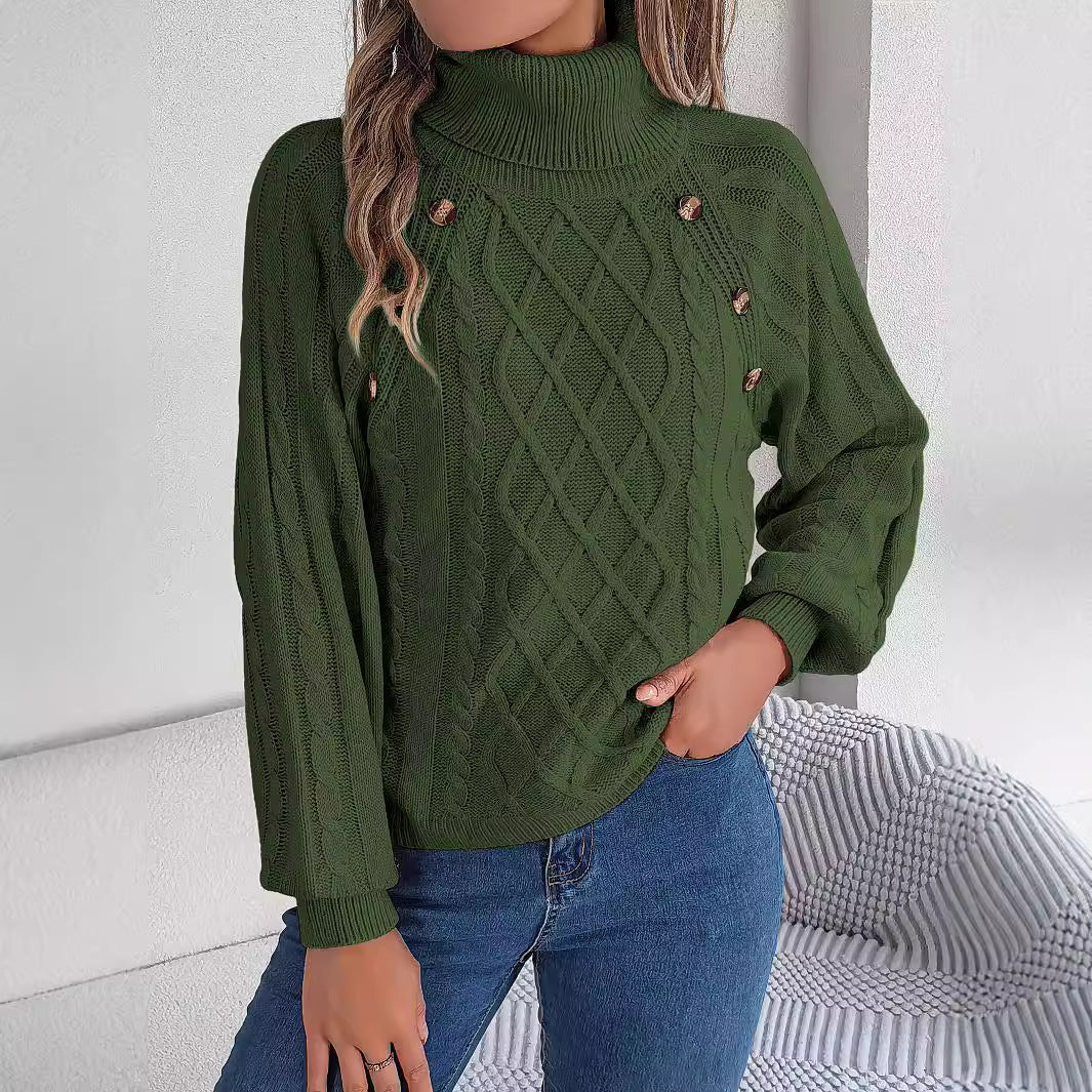 Women's Cable Knit Turtleneck Button Balloon Sleeve Sweater