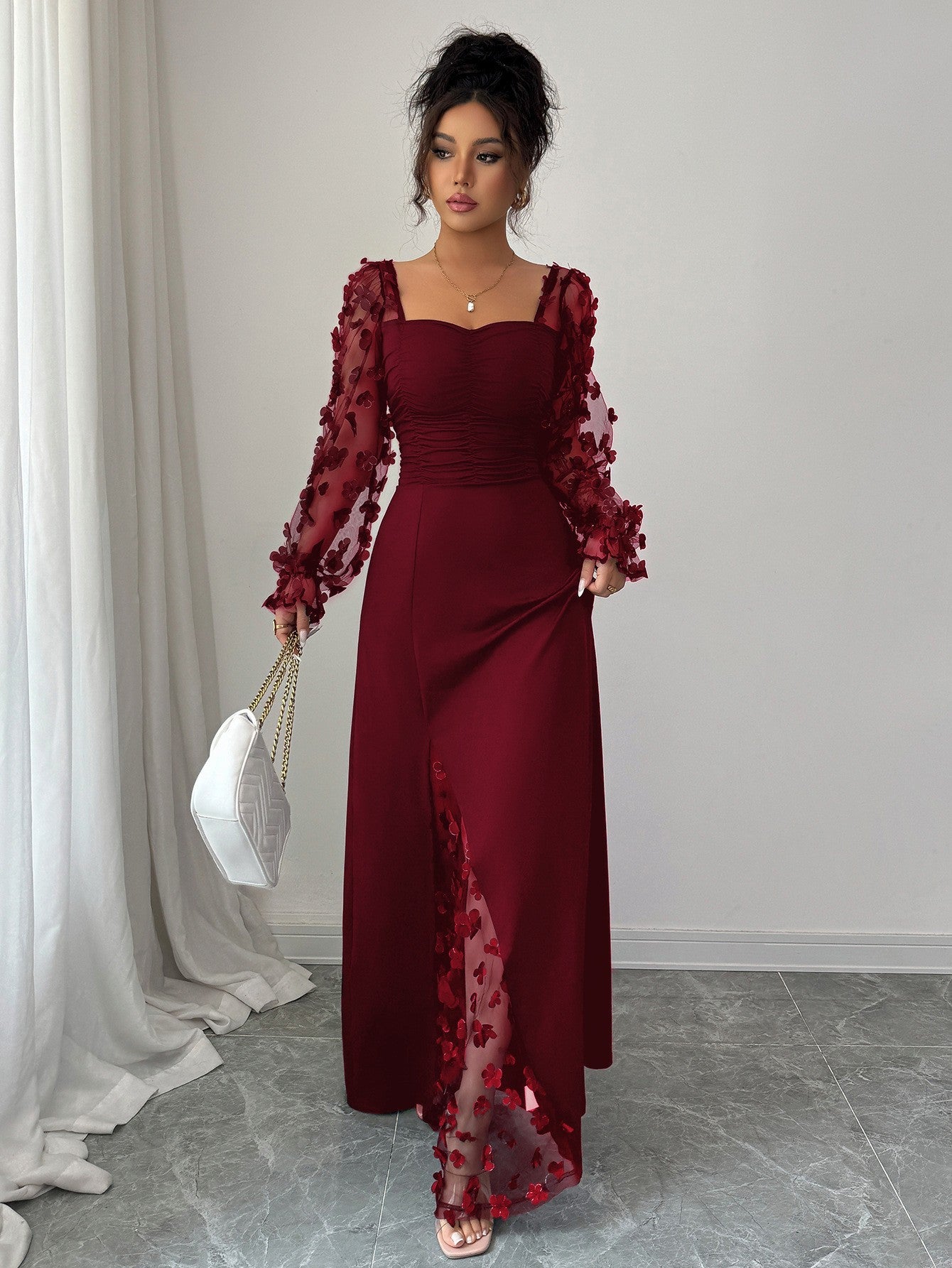 Floral Mesh Puff Sleeve Square Neck Maxi Dress