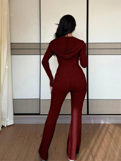 2 Piece Ribbed Knit Zip Sweater Wide Leg Pants Set
