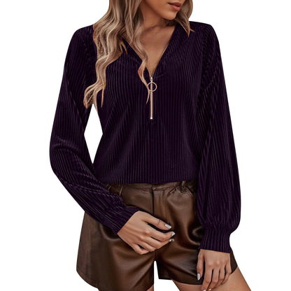 Women's Ribbed Velvet Half Zip V Neck Long Sleeve Top