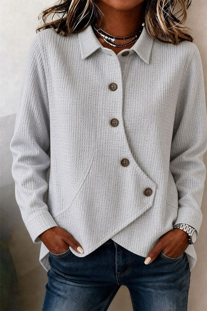 Women's Waffle Knit Button Down Collared Asymmetric Top