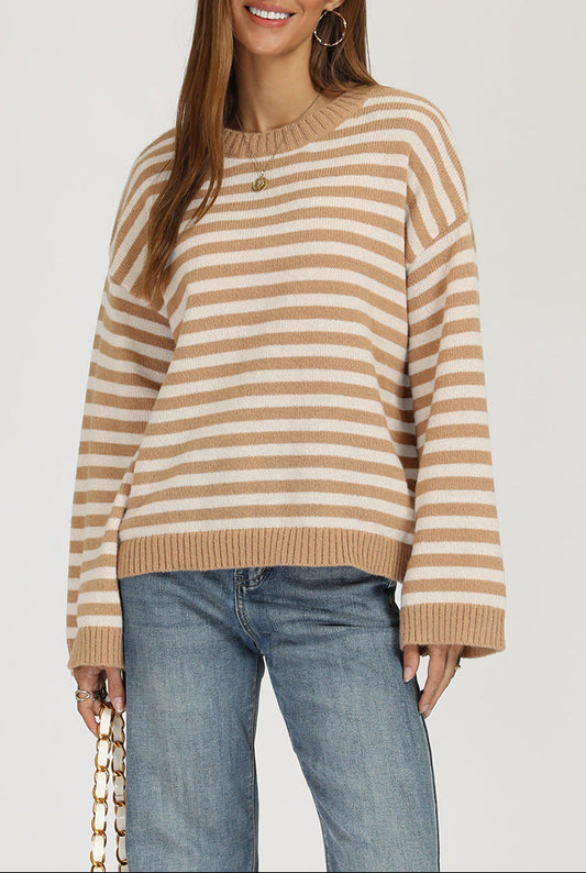 Striped Knit Sweater Crew Neck Pullover Oversized Top