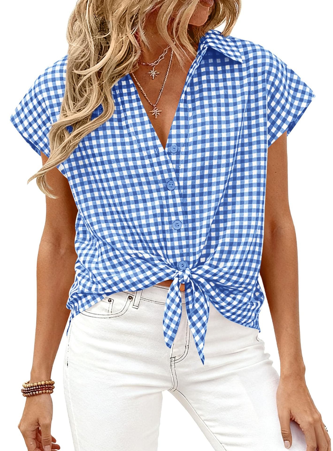 Gingham Button Down Short Sleeve Loose Fit Blouse