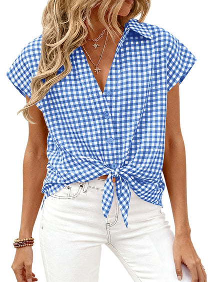 Gingham Button Down Short Sleeve Loose Fit Blouse