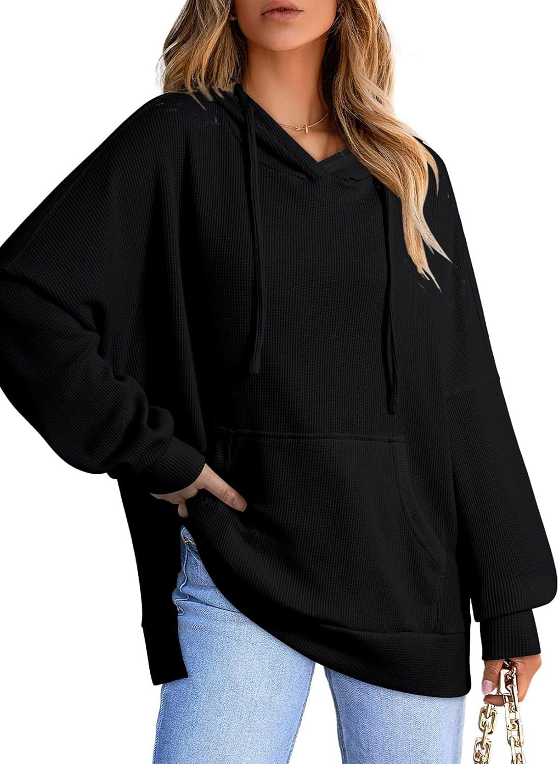 Women's Waffle Knit Hoodie Oversized Side Slit Pocket
