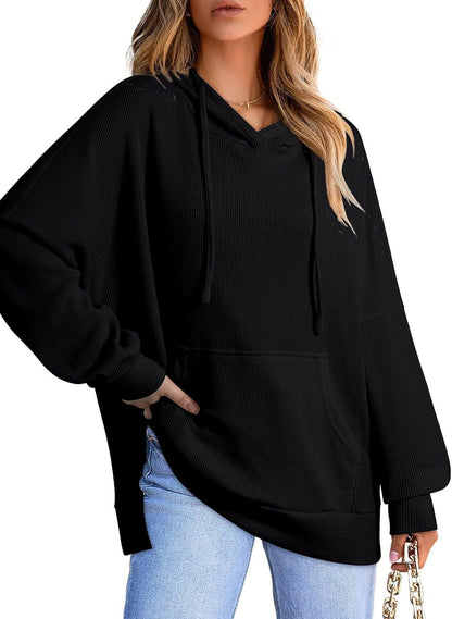 Women's Waffle Knit Hoodie Oversized Side Slit Pocket