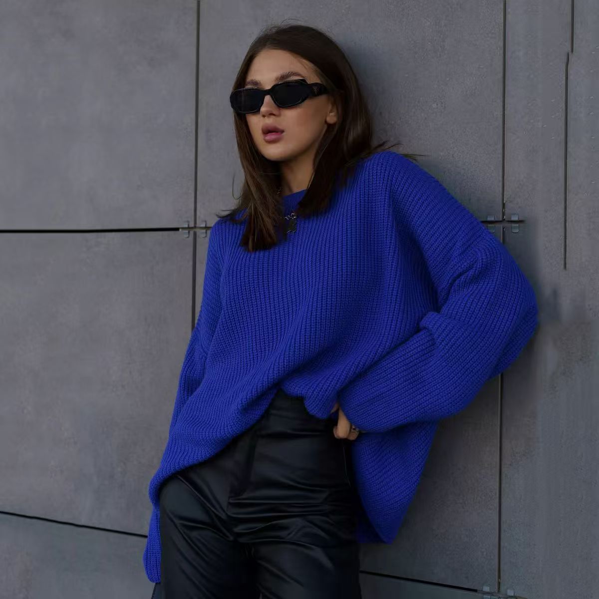 Women's Oversized Crew Neck Knit Sweater Balloon Sleeve