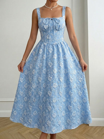 Blue Jacquard Square Neck Dress Sleeveless A-Line Mid-Length