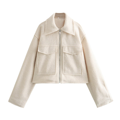 Women's Cropped Boucle Zip Jacket Collar Pocket