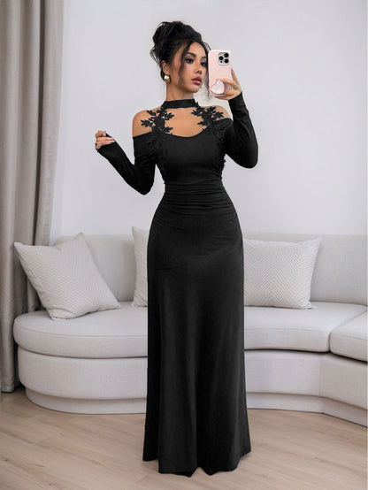Elegant Black Lace Cut Out Long Sleeve Bodycon Maxi Dress