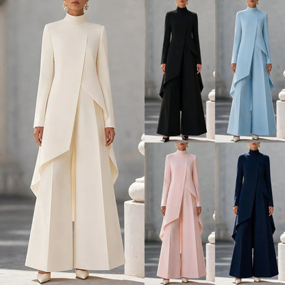 Women's Asymmetric Mock Neck Wide Leg Pants Two Piece Set