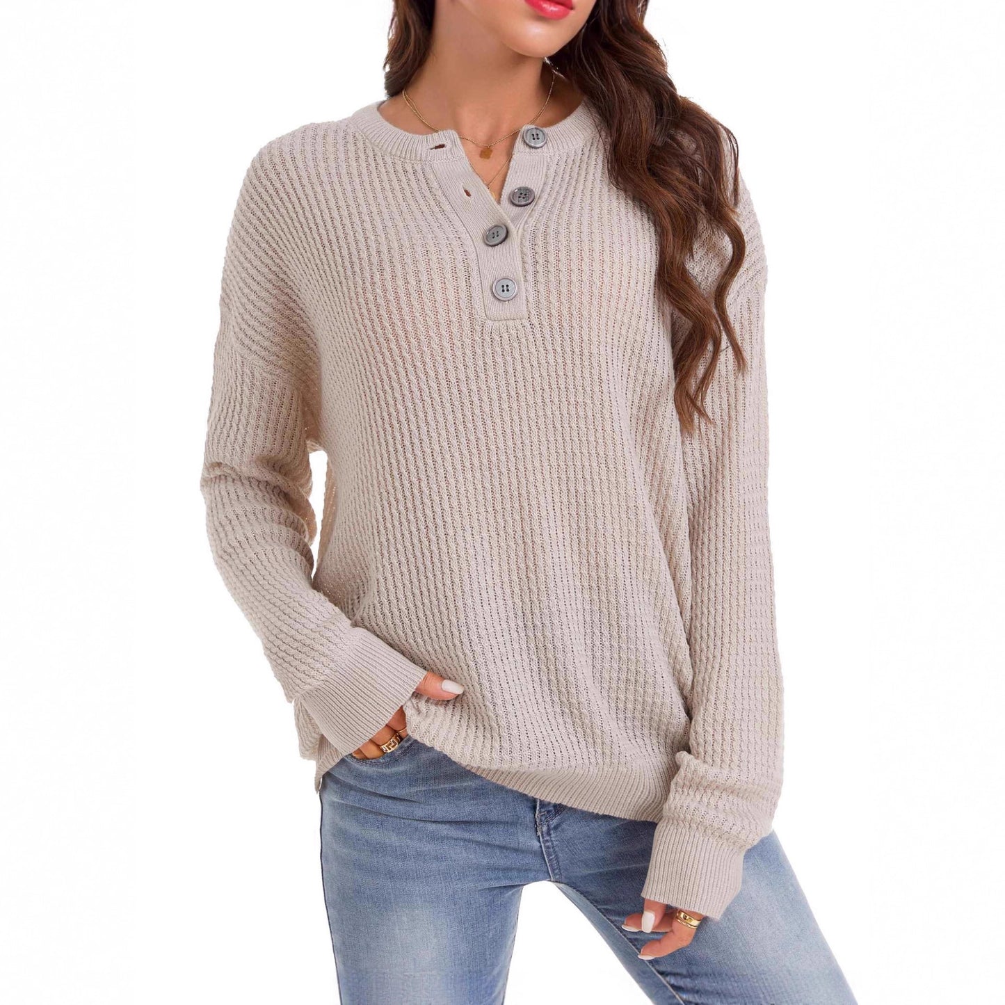 Women’s Button Henley Knit Sweater Relaxed Long Sleeve