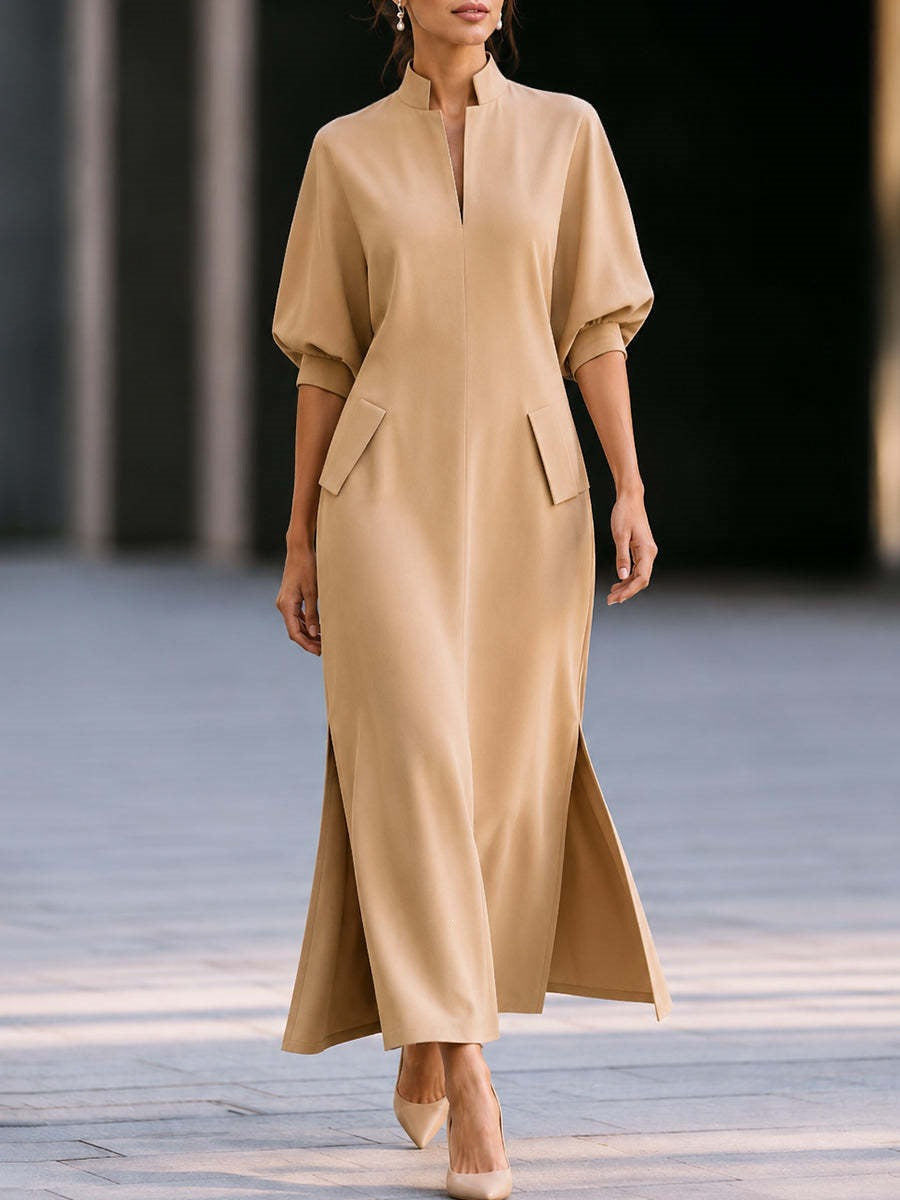 Elegant Mandarin Collar Balloon Sleeve Slit Maxi Dress