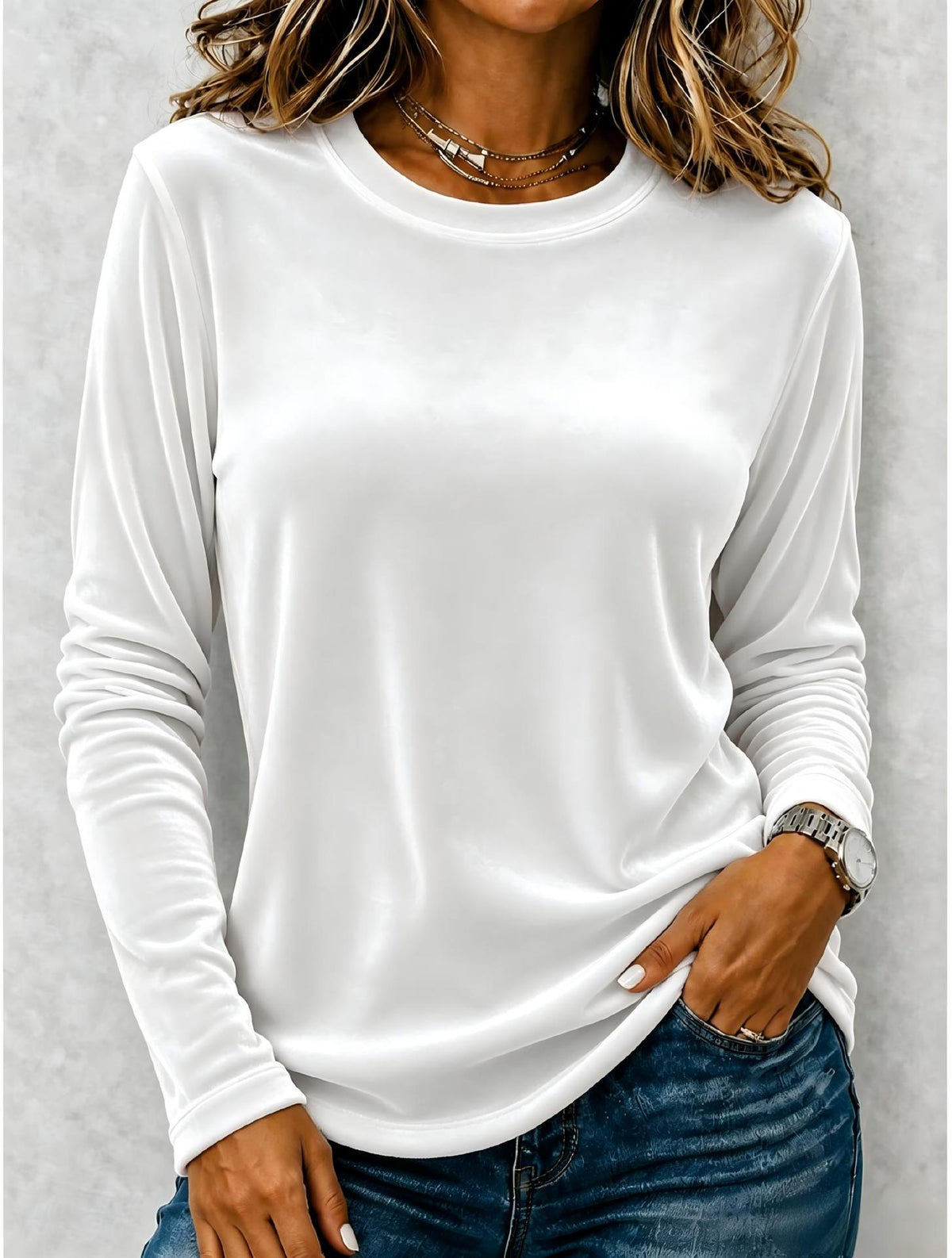 Women's Velvet Long Sleeve Top Casual Round Neck Blouse